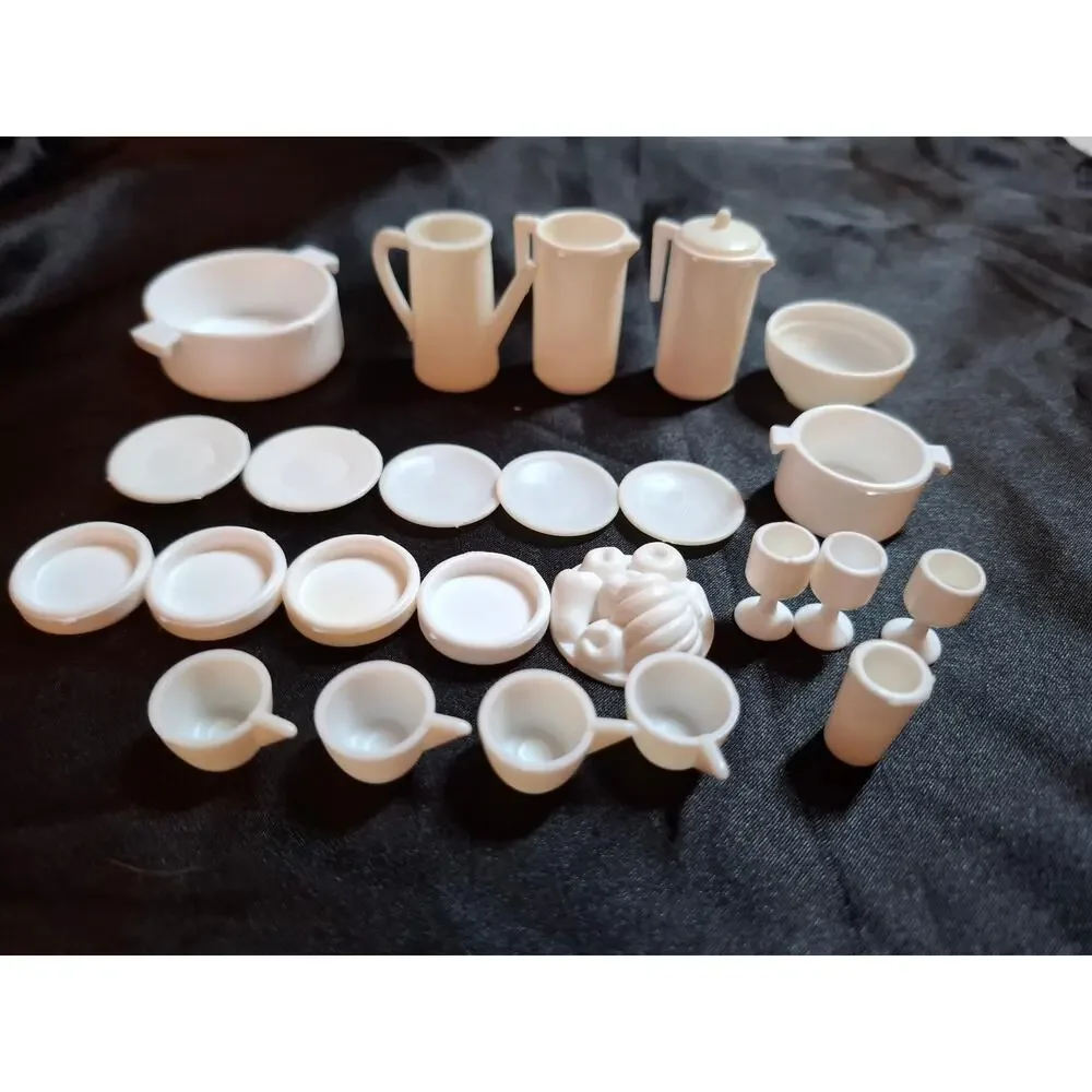 Vtg 25 Pc Lot Barbie Size White Kitchenware Pitcher Plates Cups Bowl Pot Goblet